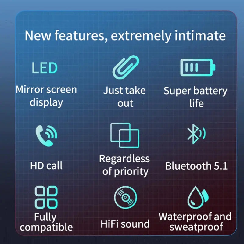 Fone de Ouvido  Espelho sem Fio, Display Digital, Bluetooth e Controle de Toque
